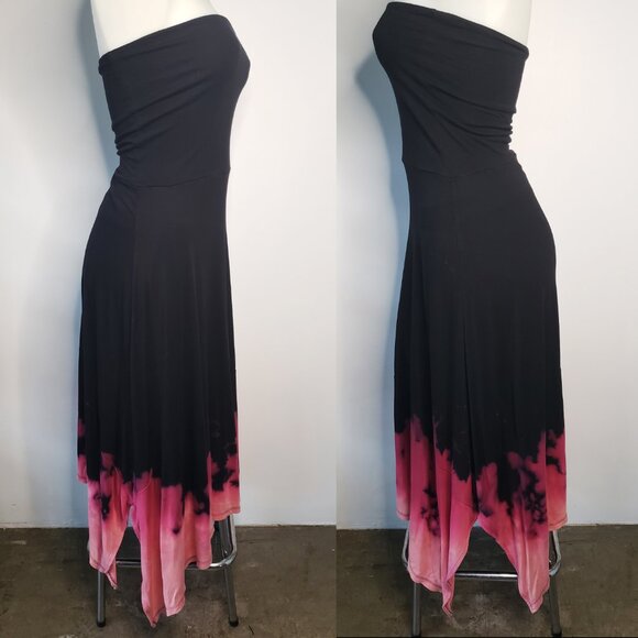 Black Pink Fire Tie Dye Long Assymetrical Boho Halter Dress - Picture 2 of 9